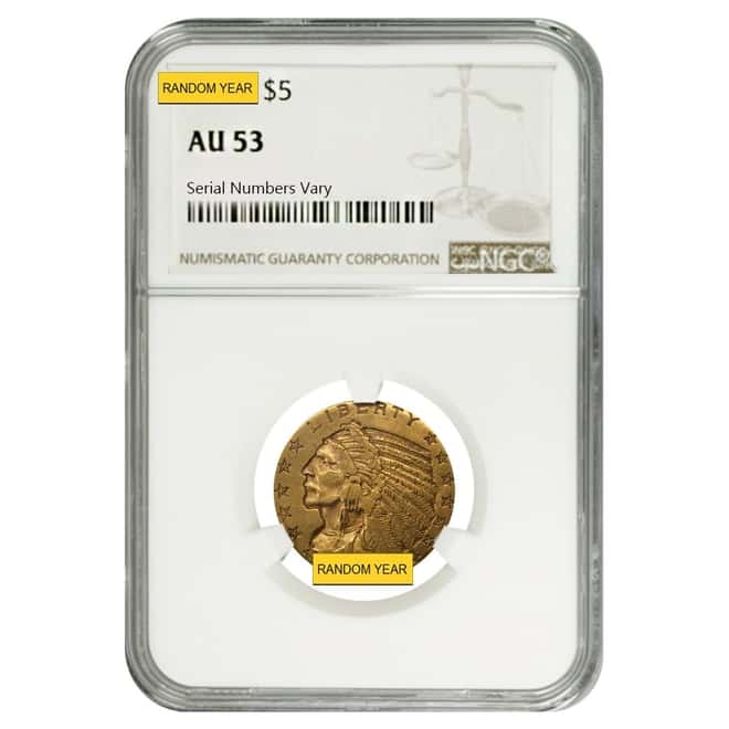 $5 Gold Half Eagle Indian Head NGC AU 53 (Random Year)
