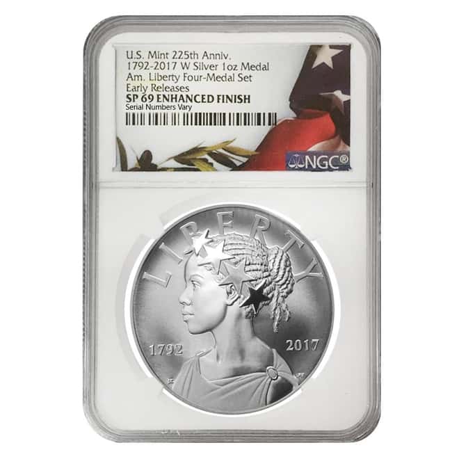 2017 W 1 oz American Liberty Enhanced Uncirculated Silver Medal NGC SP 69 ER (Flag Label)