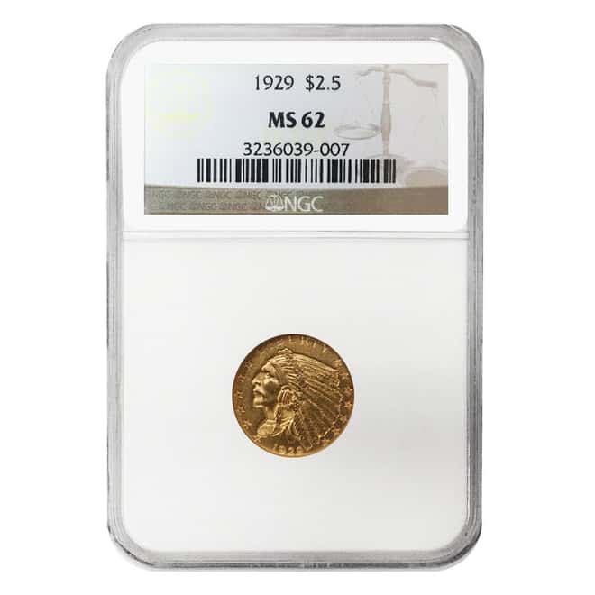 1929 $2.5 Gold Quarter Eagle Indian Head NGC MS 62