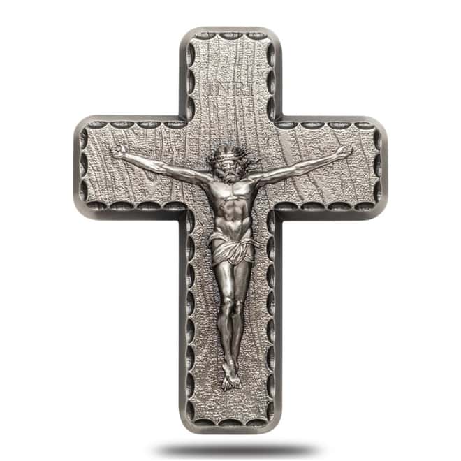 2 oz Crucifix Lord's Prayer High Relief Antiqued Silver Medal .999 Fine (w/Box)
