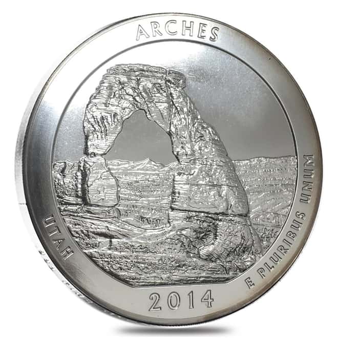 2014 5 oz Silver America the Beautiful ATB Utah Arches National Park Coin