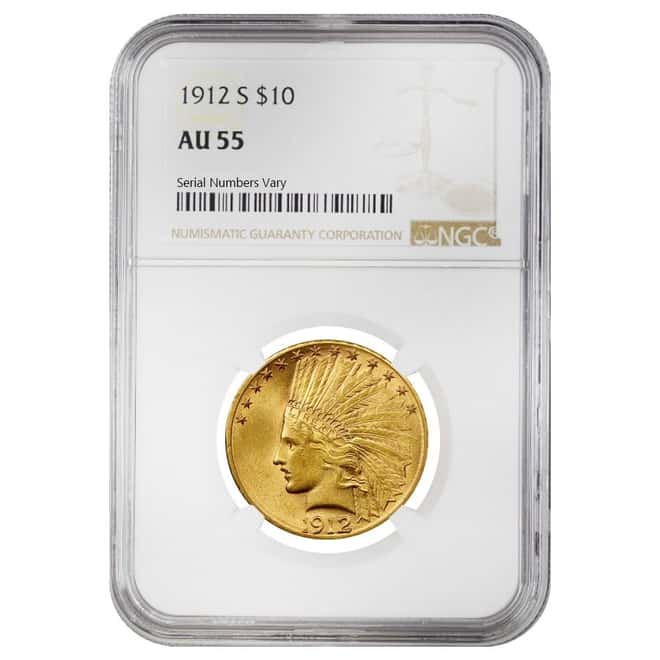 1912 S $10 Indian Head Gold Eagle Coin NGC AU 55