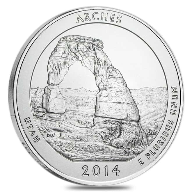 2014-P 5 oz Silver America the Beautiful ATB Utah Arches National Park Uncirculated Coin (w/Box & COA)