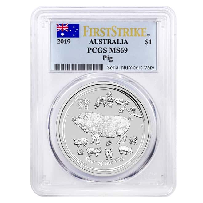 2019 1 oz Silver Lunar Year of The Pig Australia Perth Mint PCGS MS 69 First Strike