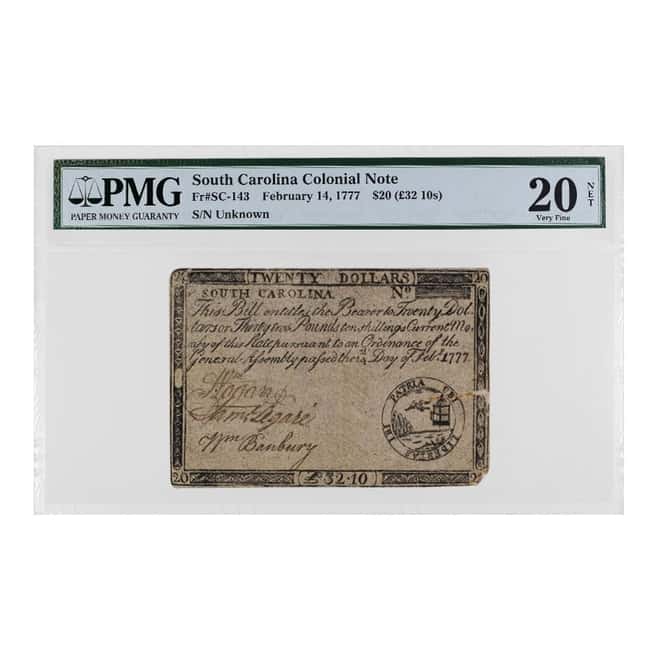 1777 Feb 14 $20 South Carolina Colonial Currency Note PMG VF 20 NET (Previously Mounted, Rust)