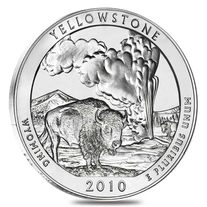 2010 5 oz Silver America the Beautiful ATB Wyoming Yellowstone National Park Coin