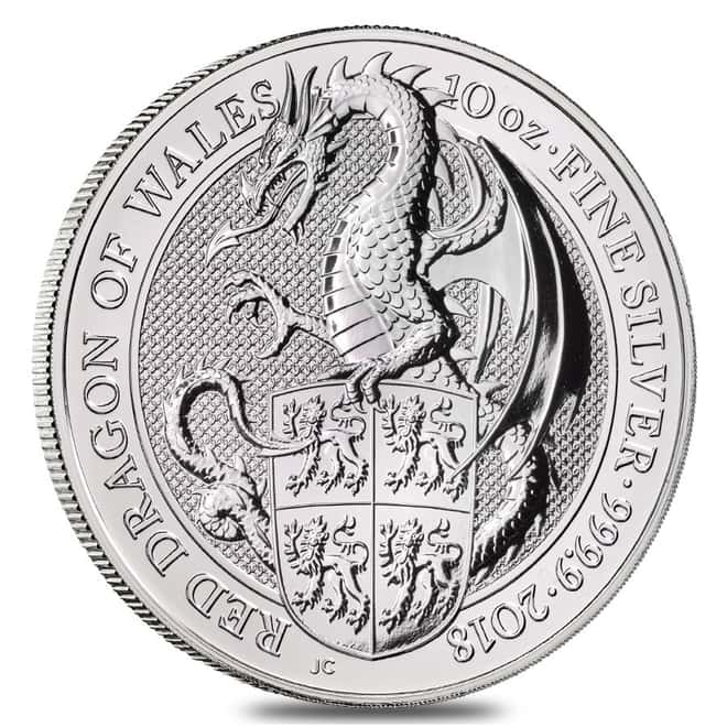 2018 Great Britain 10 oz Silver Queen's Beast (Red Dragon) Coin .9999 Fine BU In Cap