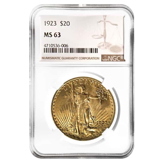 1923 $20 Gold Saint Gaudens Double Eagle Coin NGC MS 63