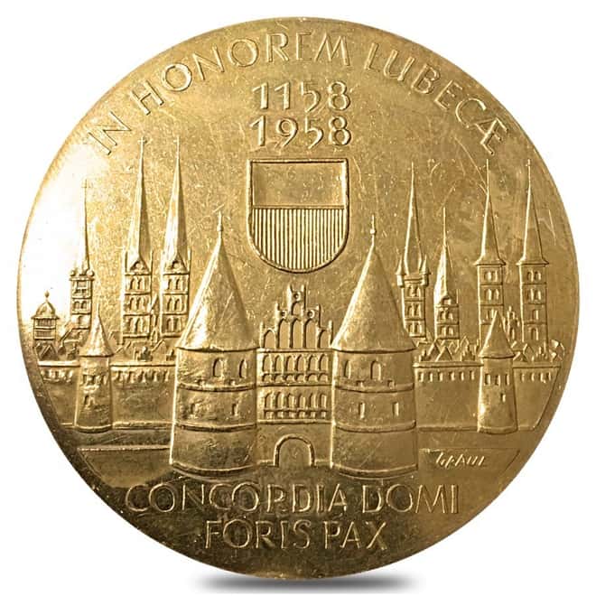 1958 Germany 10 Ducat In Honorem Lubecae Proof Gold Coin AGW 1.087 oz (Circulated)