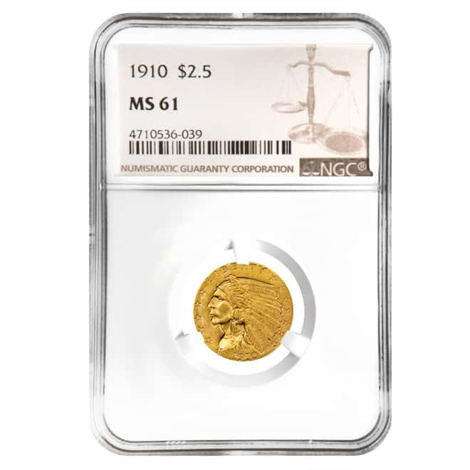 1910 $2.5 Indian Head Quarter Eagle Gold Coin NGC MS 61