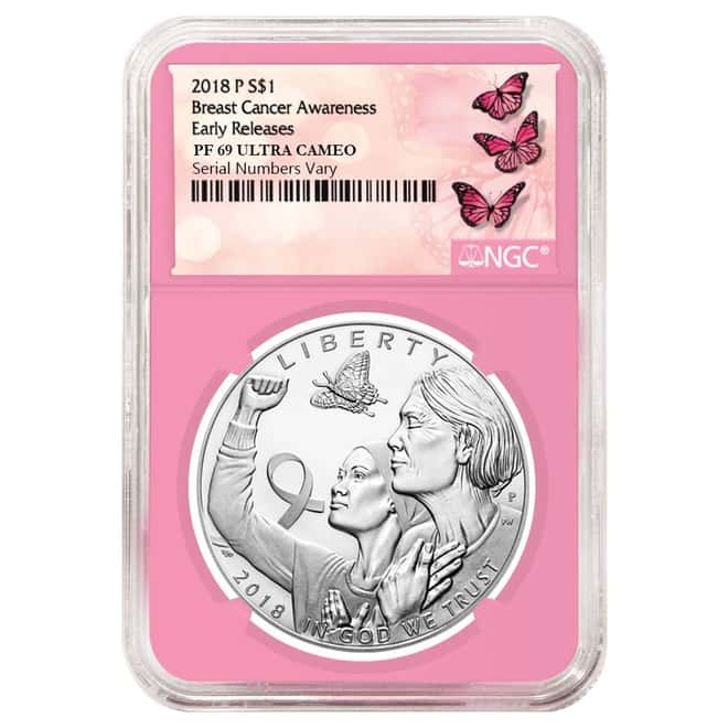 2018 P Breast Cancer Awareness Proof Silver Dollar Commemorative NGC PF 69 Early Releases (Pink Holder)