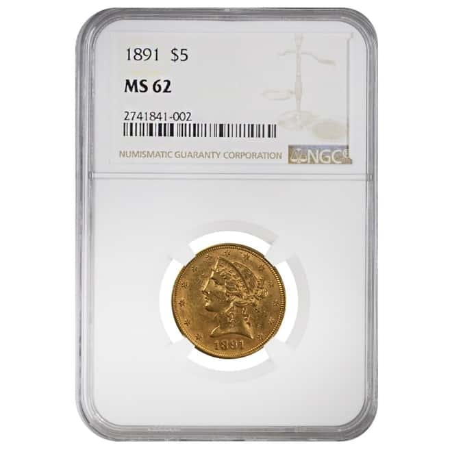 1891 $5 Liberty Head Gold Half Eagle Coin NGC MS 62
