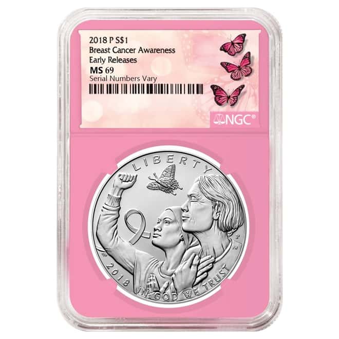 2018 P Breast Cancer Awareness Burnished Silver Dollar Commemorative NGC MS 69 Early Releases 