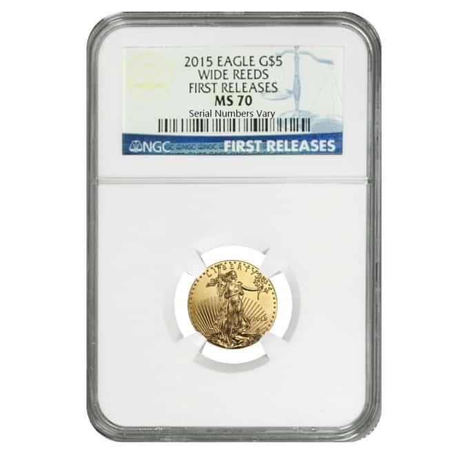 2015 1/10 oz $5 Gold American Eagle NGC MS 70 First Releases Wide Reeds