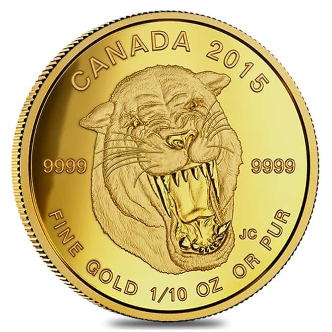 2015 1/10 oz Gold Canadian Sabre-Tooth Cat $5 Proof Coin .9999 Fine (w/Box & COA)