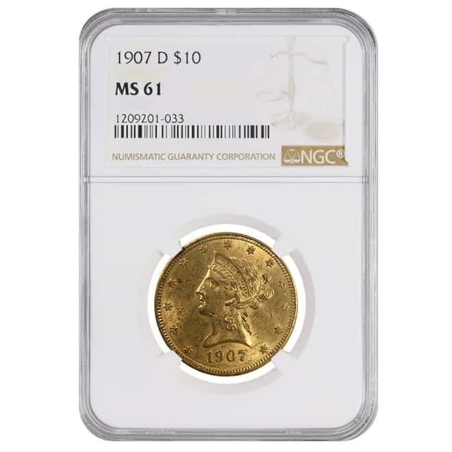1907 D $10 Gold Liberty Head Eagle Coin NGC MS 61