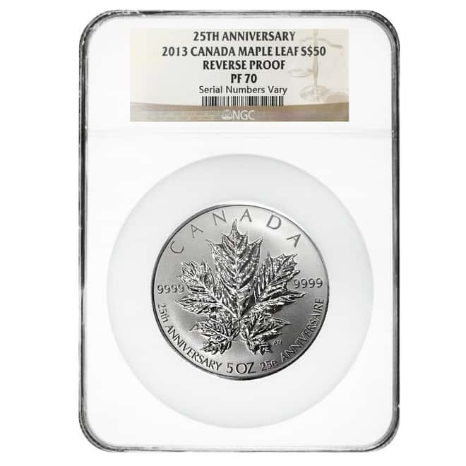 2013 5 oz Silver Canadian Maple Leaf 25th Anniv. Reverse Proof NGC PF 70 (w/Box & COA)