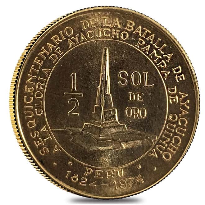 1976 Peru 1/2 Sol Battle of Ayacucho Gold Coin BU AGW .2705 oz