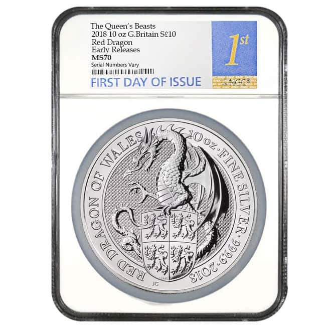 2018 Great Britain 10 oz Silver Queen's Beast (Red Dragon) Coin NGC MS 70 FDOI