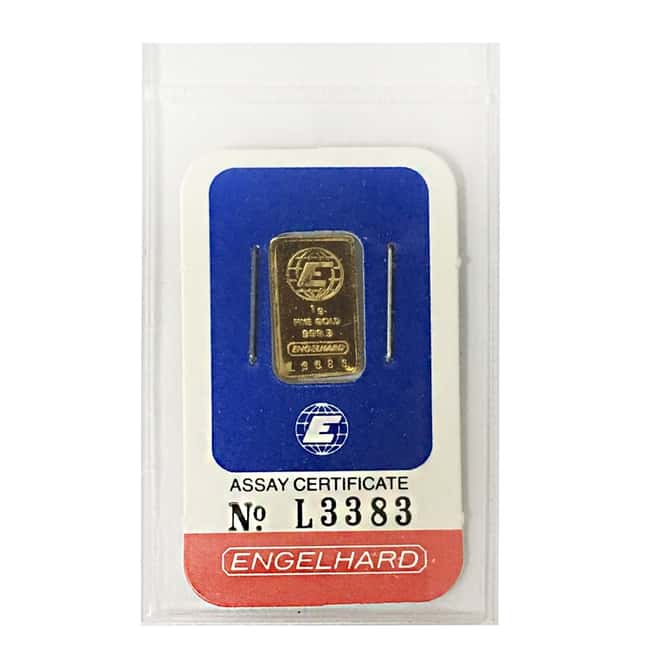 1 gram Engelhard Gold Vintage Bar .9999 Fine (In Assay)