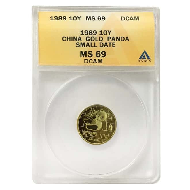 1989 1/10 oz Chinese Gold Panda 10 Yuan Small Date ANACS MS 69