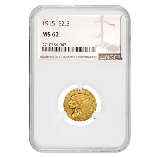 1915 $2.5 Indian Head Quarter Eagle Gold Coin NGC MS 62