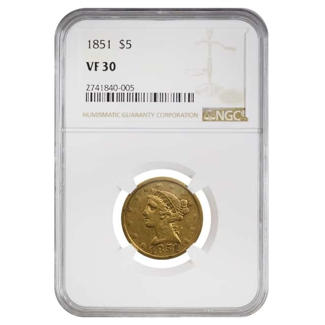1851 $5 Liberty Head Half Gold Eagle Coin NGC VF 30