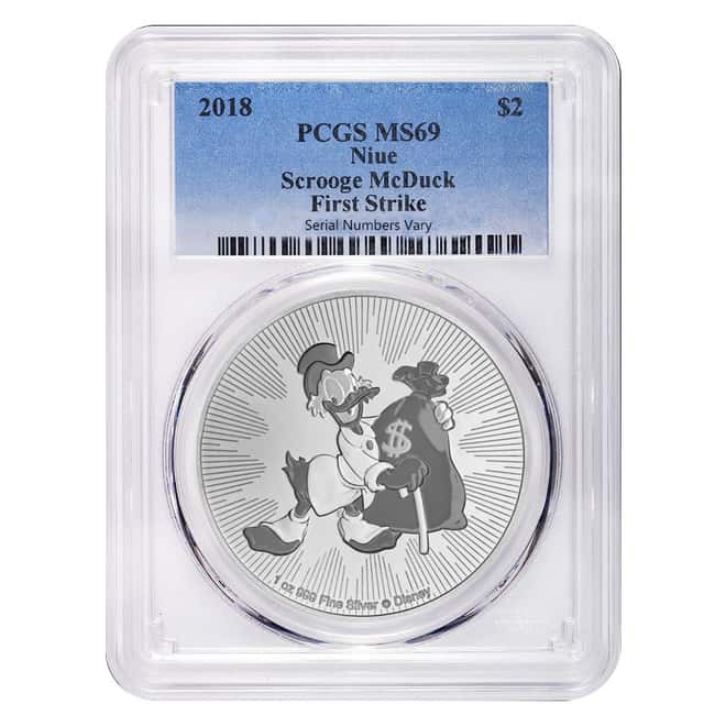 2018 1 oz Niue Silver $2 Disney Scrooge McDuck PCGS MS 69 First Strike