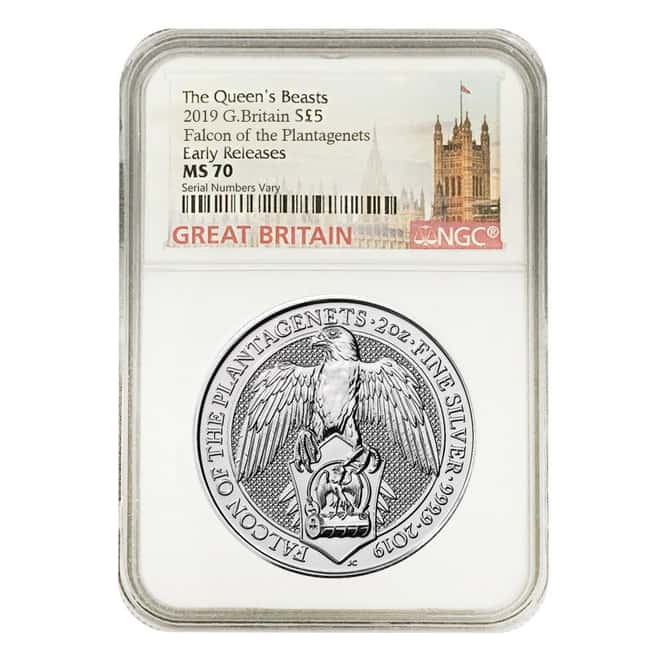 2019 Great Britain 2 oz Silver Queen's Beasts (Falcon) Coin NGC MS 70 Early Releases