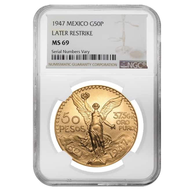 1947 Mexico 50 Pesos Gold Coin NGC MS 69