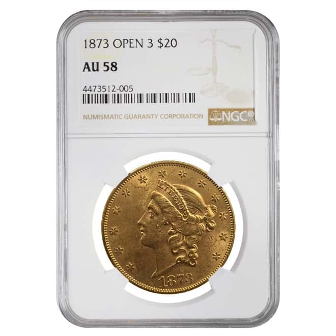 1873 $20 Open 3 Liberty Head Double Gold Eagle Coin NGC AU 58