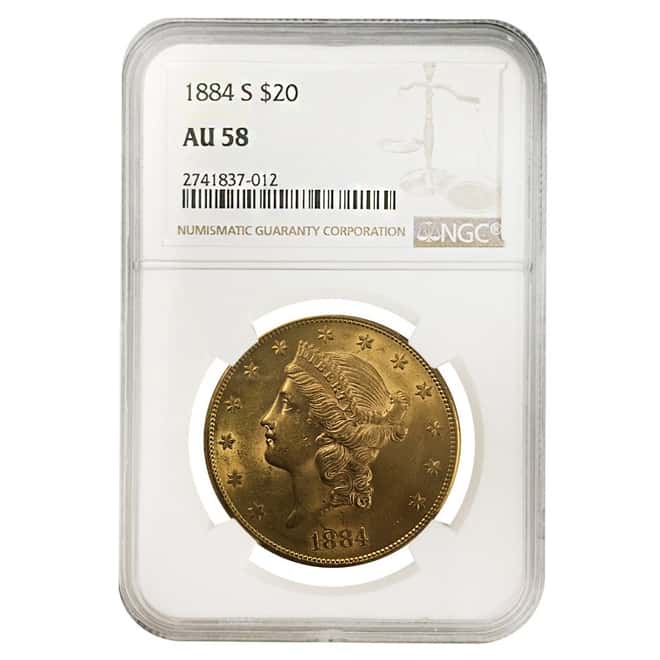 1884 S $20 Liberty Head Gold Double Eagle Coin NGC AU 58