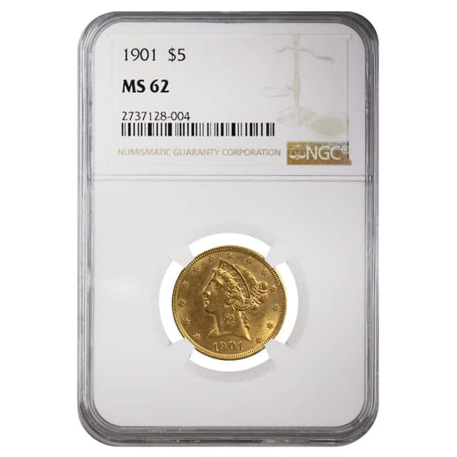 1901 $5 Liberty Head Gold Half Eagle Coin NGC MS 62