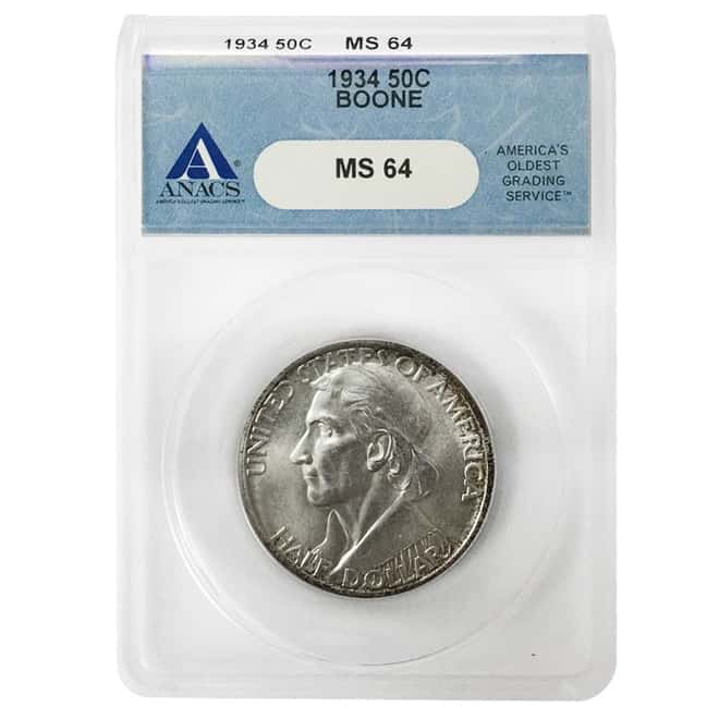 1934 Daniel Boone Bicentennial Half Dollar 90% Silver Commem ANACS MS 64