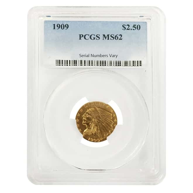 1909 $2.5 Indian Head Quarter Eagle Gold Coin PCGS MS 62