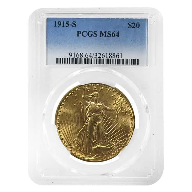 1915 S $20 Gold Saint Gaudens Double Eagle Coin PCGS MS 64