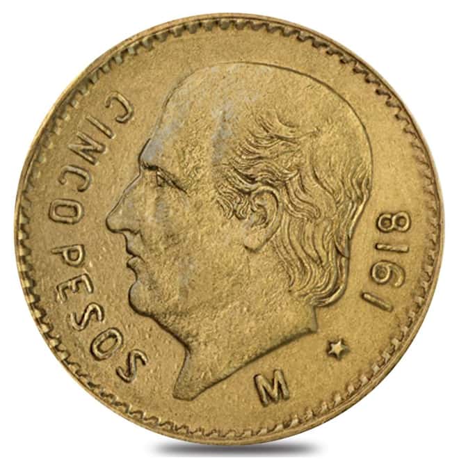 1918 Mexico 5 Pesos Gold Coin Avg Circ AGW .1206 oz