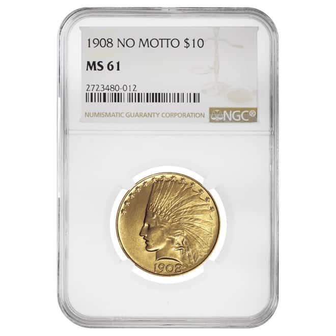 1908 $10 Indian Head Gold Eagle No Motto NGC MS 61