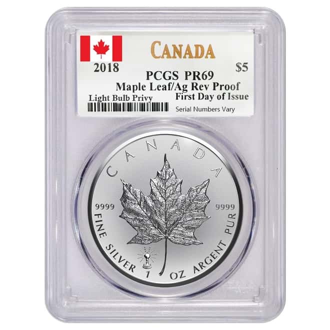 2018 1 oz Silver Canadian Maple Leaf Light Bulb Privy Reverse Proof PCGS PF 69 FDOI