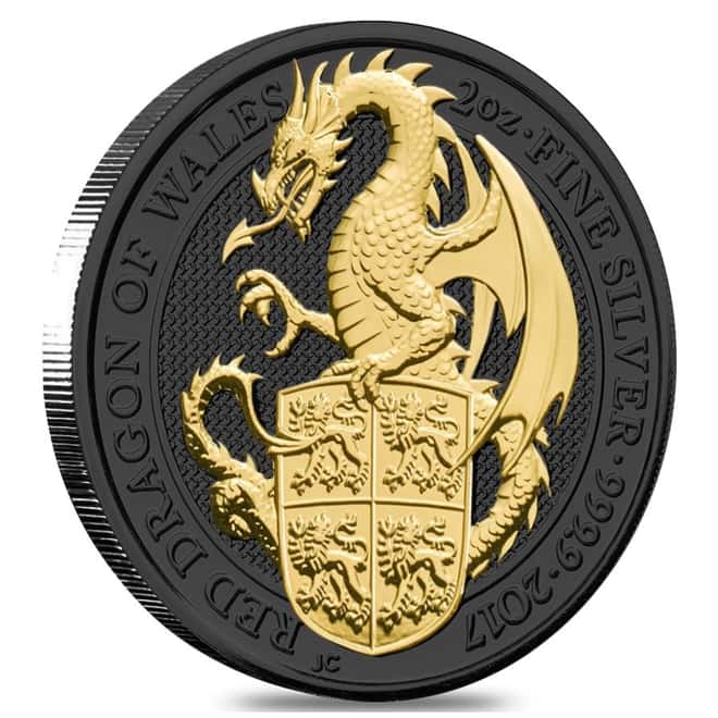 2017 Great Britain 2 oz Silver Queen's Beast (Red Dragon) Coin .9999 Fine Black Ruthenium 24K Gold Edition (w/Box & COA) 