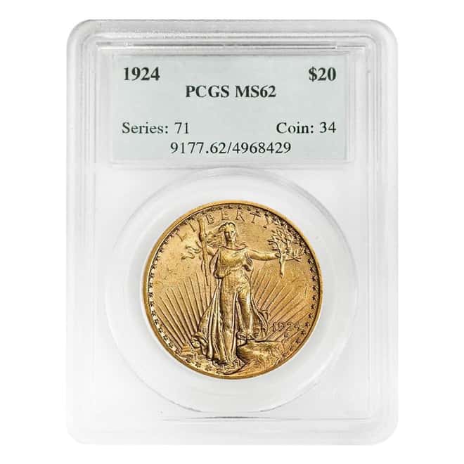 1924 $20 Gold Saint Gaudens Double Eagle Coin PCGS MS 62