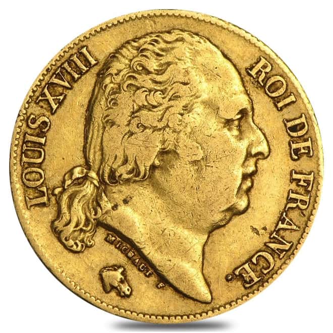 France Gold 20 Francs Louis XVIII Avg Circ AGW .1867 oz (Random Year, 1816-1824)