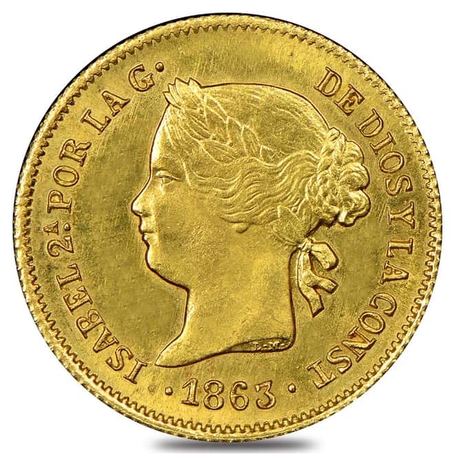 1863 Philippines Gold 2 Pesos Coin Avg Circ .0952 AGW