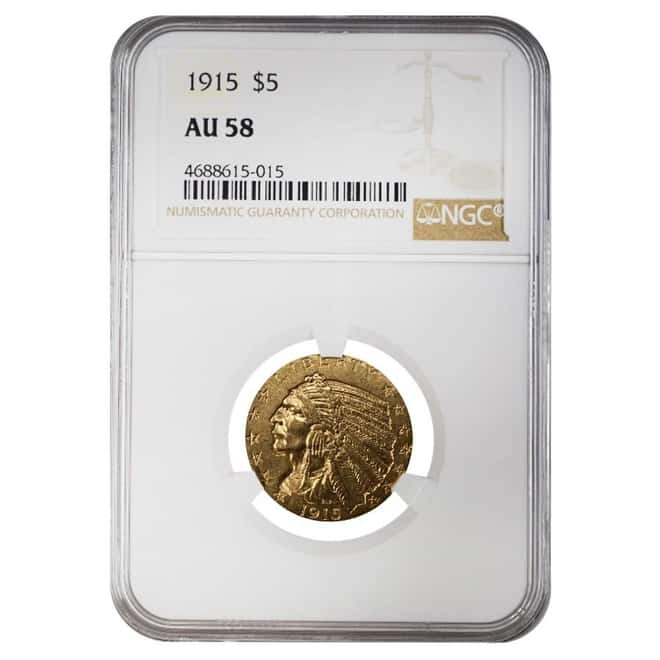 1915 $5 Indian Head Half Eagle Gold Coin NGC AU 58