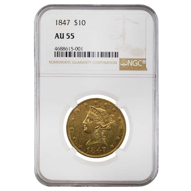 1847 $10 Liberty Head Gold Eagle Coin NGC AU 55