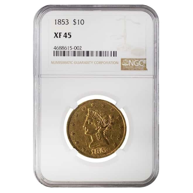 1853 $10 Liberty Head Gold Eagle Coin NGC XF 45