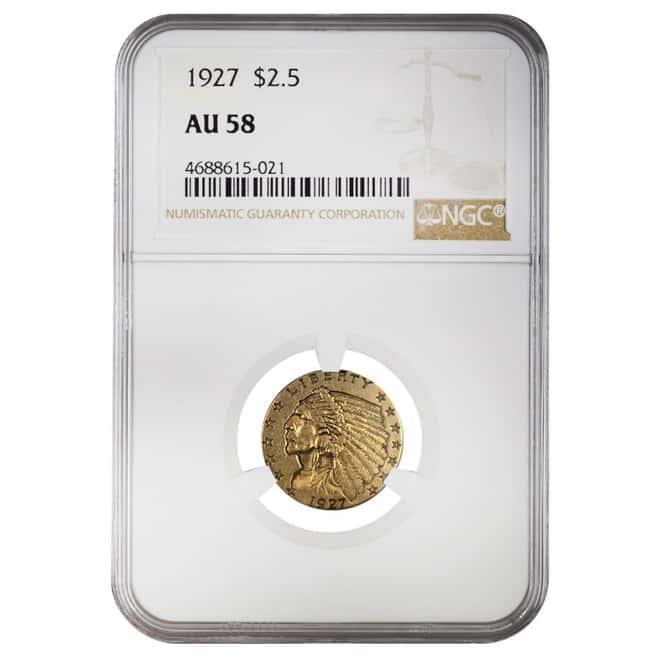 1927 $2.5 Indian Head Gold Quarter Eagle Coin NGC AU 58