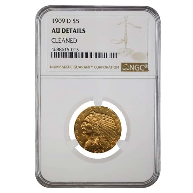 1909 D $5 Indian Head Half Eagle Gold Coin NGC AU Details