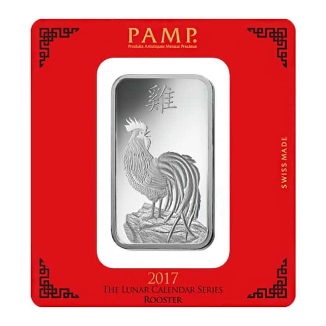 100 gram PAMP Suisse Year of the Rooster Silver Bar (In Assay)