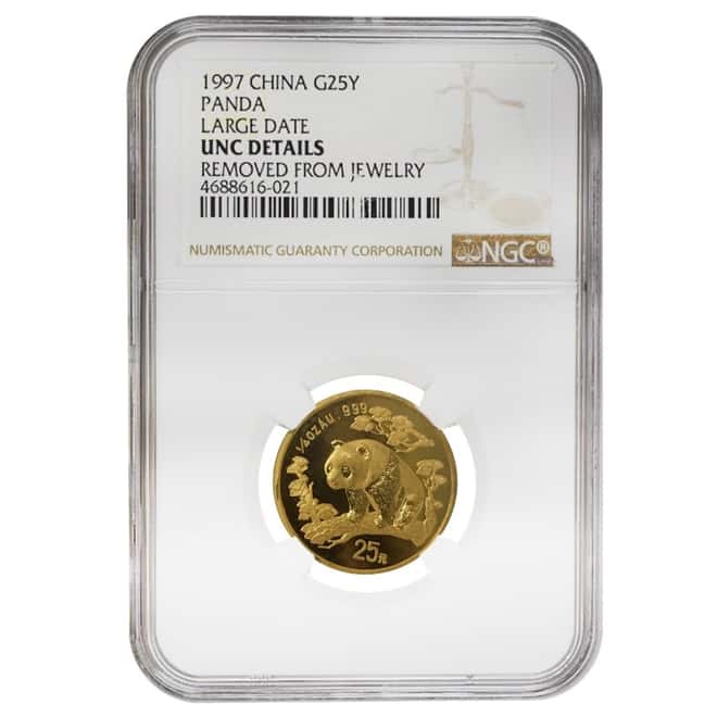 1997 1/4 oz Chinese Gold Panda 25 Yuan Large Date NGC UNC Details 